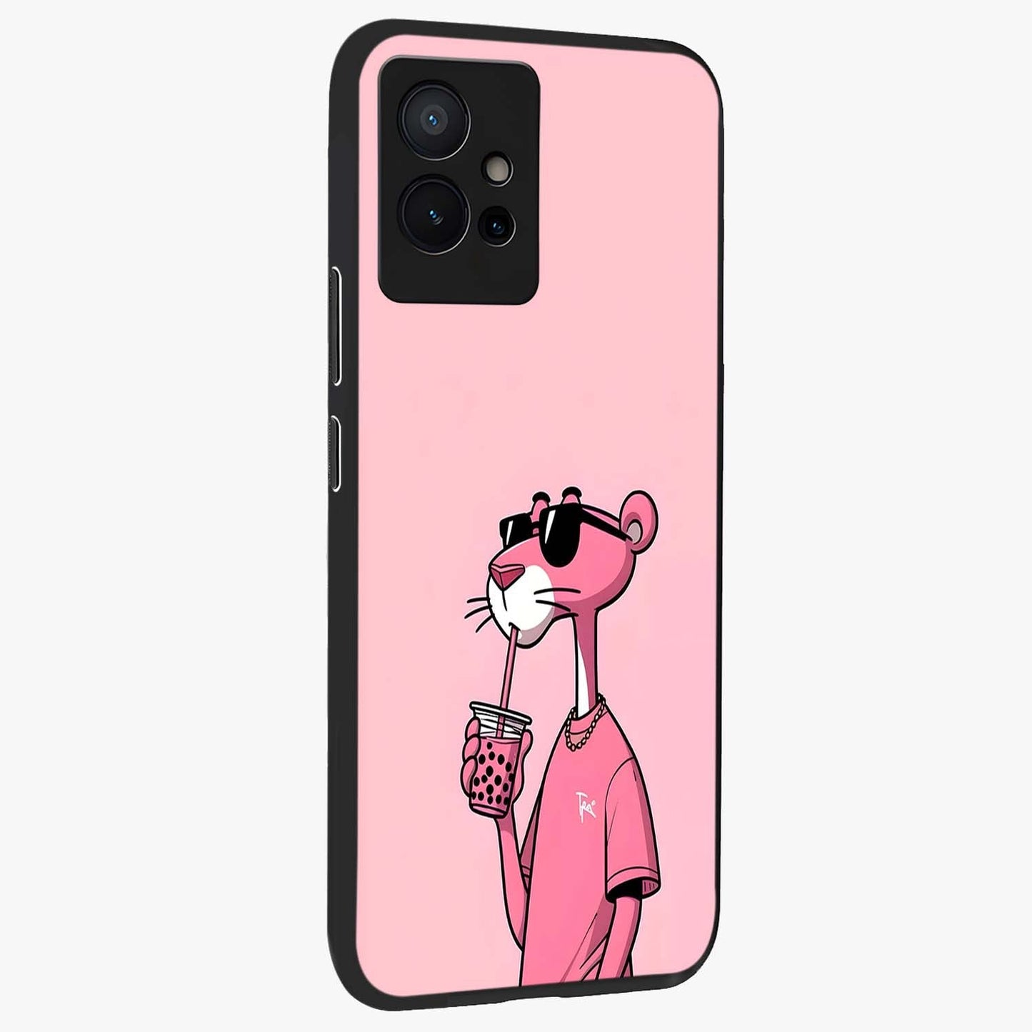 Pink Panther Glass Case upright view showcasing fun animated artwork with stylish retro cartoon theme.
