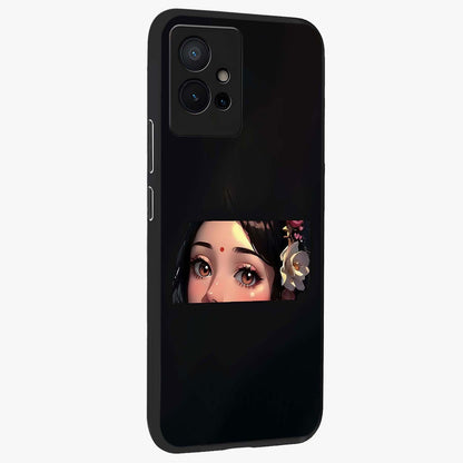 Radha Divine Embrace Glass Case upright view showcasing sacred Radha themed artwork with peaceful devotional style.