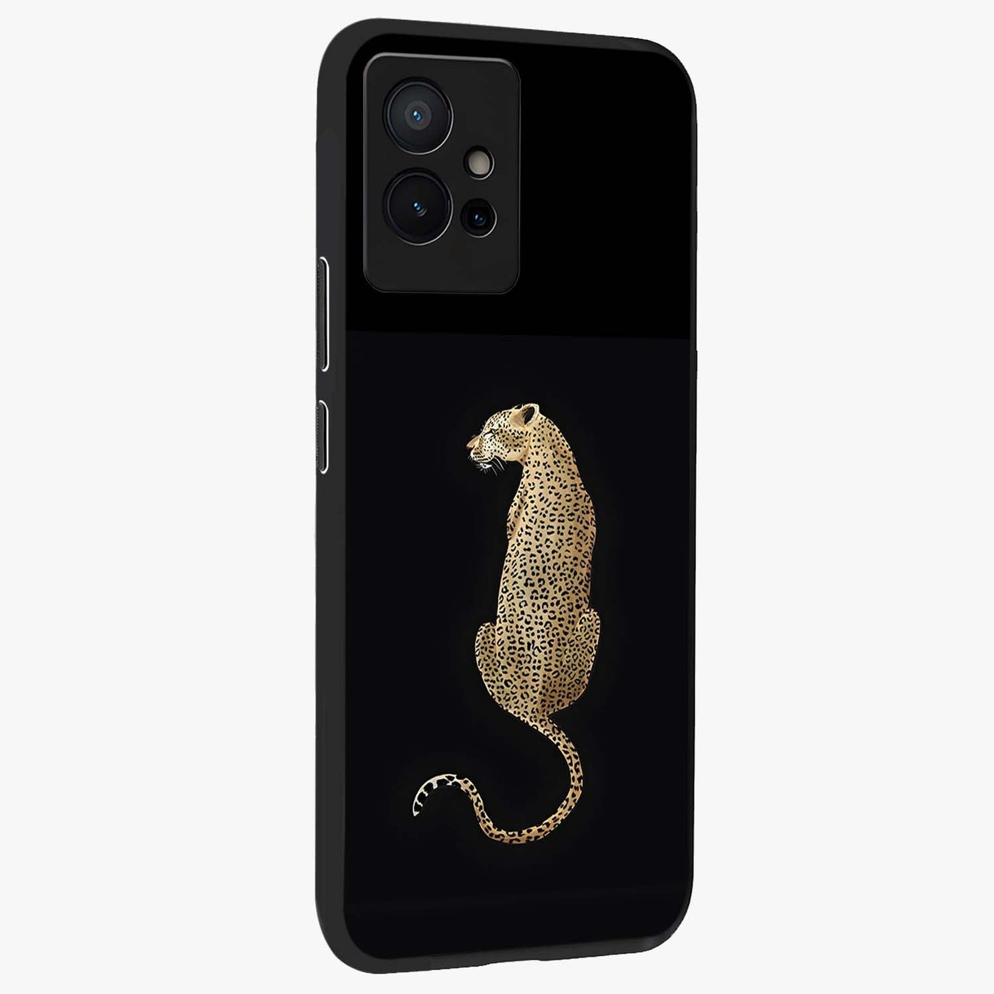 Regal Leopard Glass Case upright view showcasing striking leopard artwork with fierce wildlife theme.