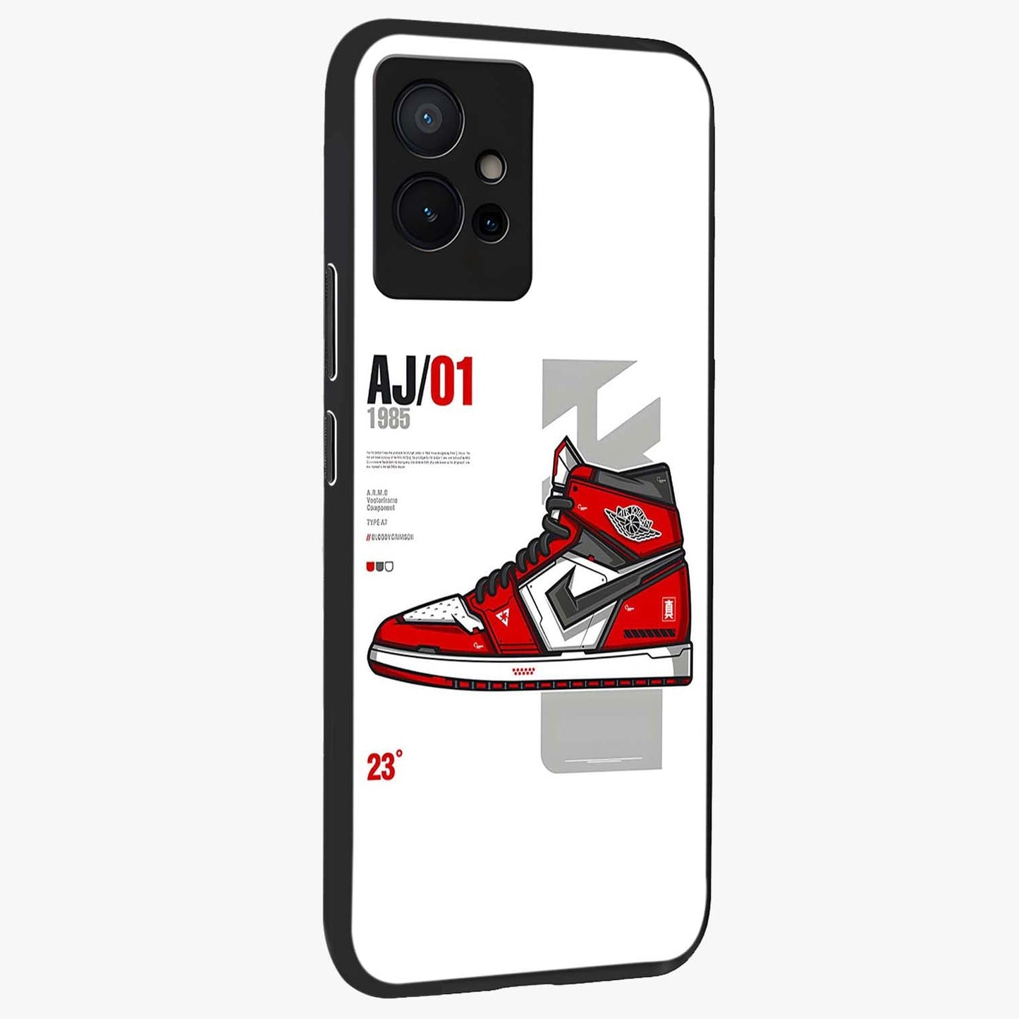 Retro Sneaker Blueprint Glass Case upright view showcasing stylish sneaker illustration with vintage streetwear theme.