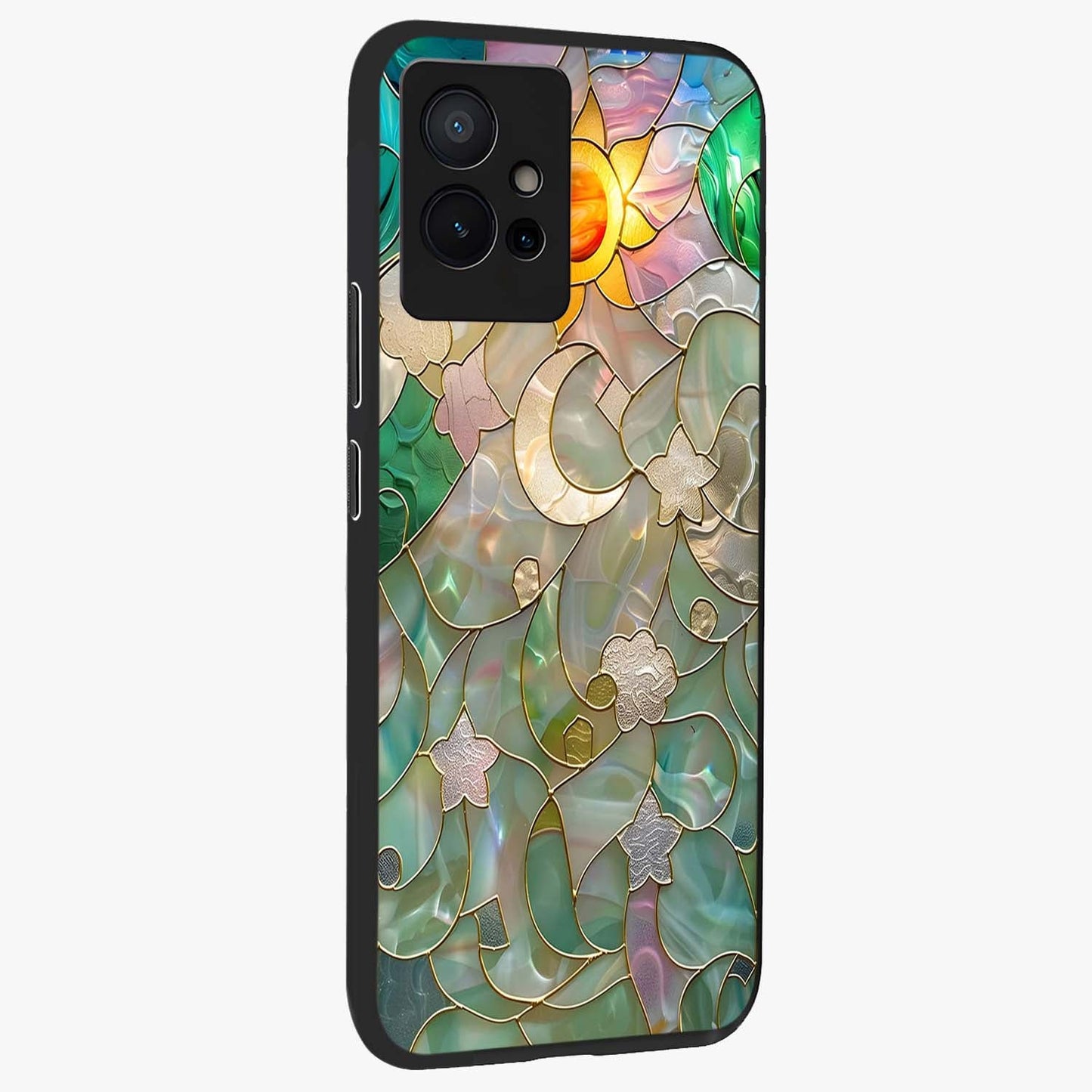 Stained Sunrise Glow Glass Case upright view showcasing colorful sunrise artwork with warm morning theme.