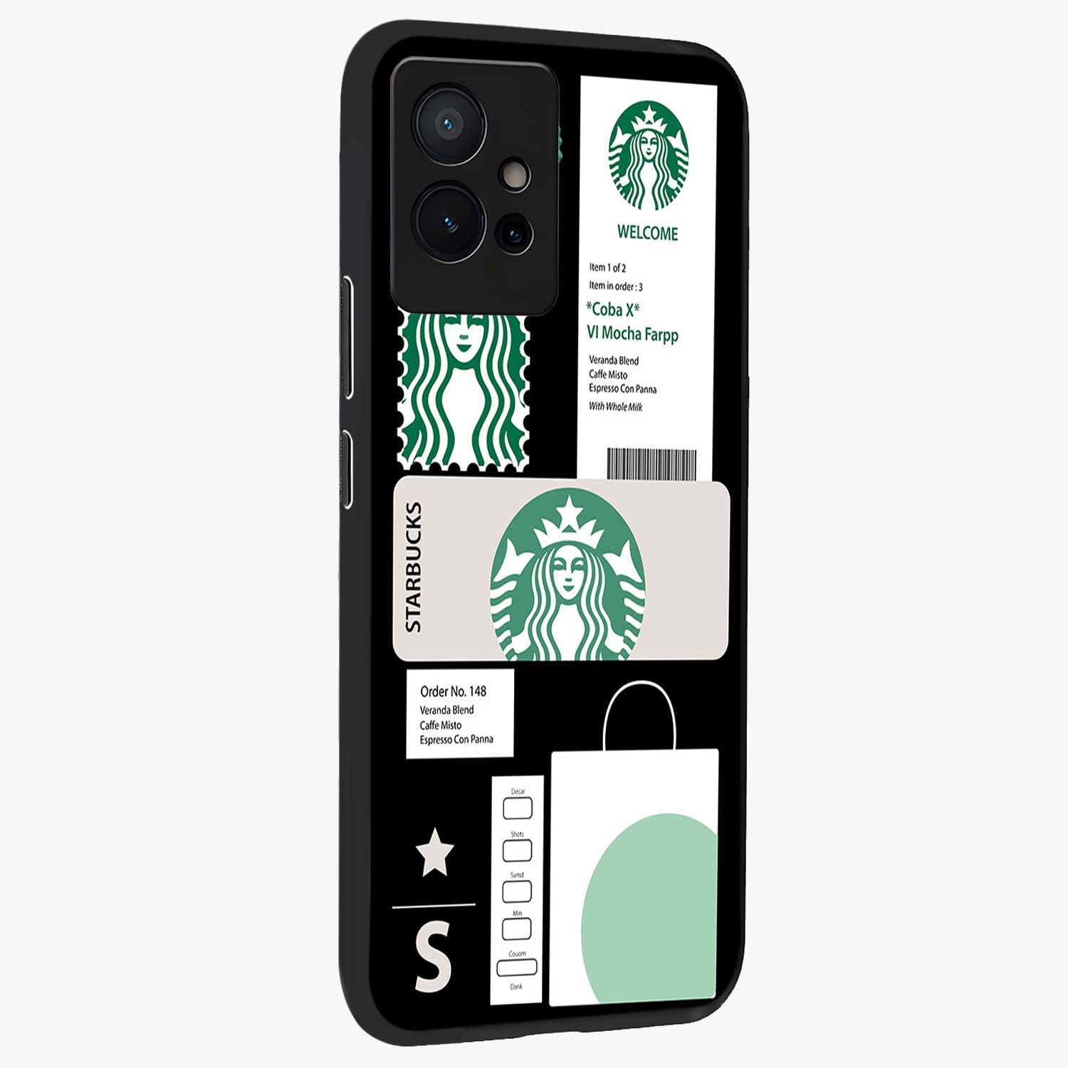 Starbucks Mocha Glass Case upright view showcasing trendy coffee inspired artwork with modern lifestyle theme.