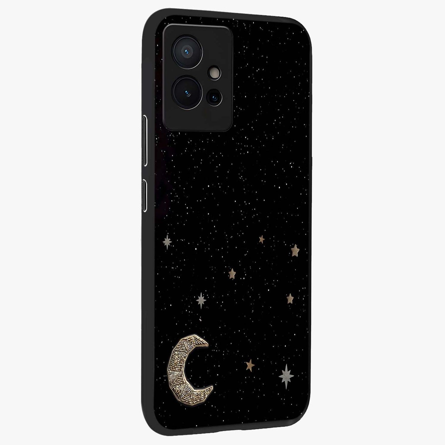 Twinkle Star With Half Moon Glass Case upright view showcasing glowing cosmic artwork with dreamy night theme.