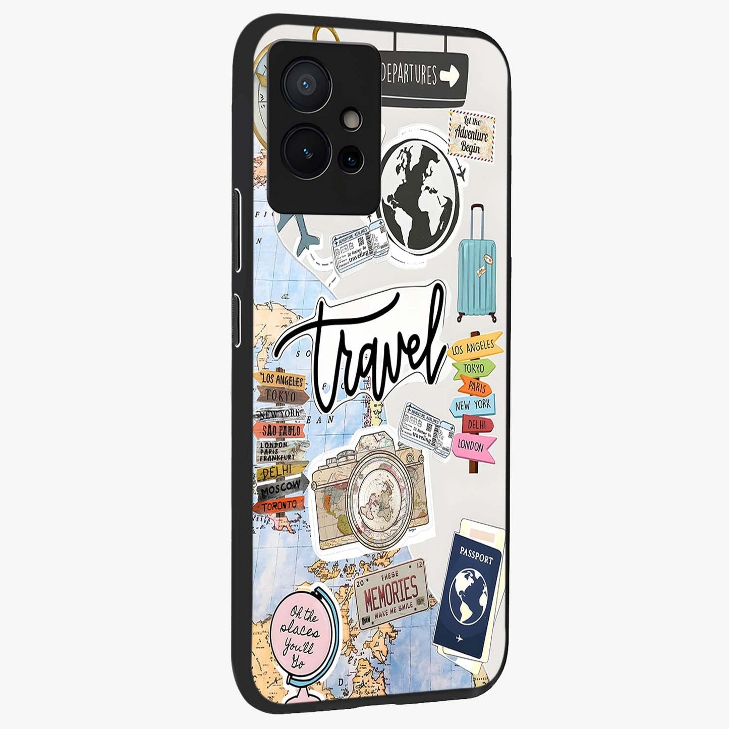 Wanderlust Journal Glass Case upright view showcasing wanderlust inspired artwork with creative exploration theme.