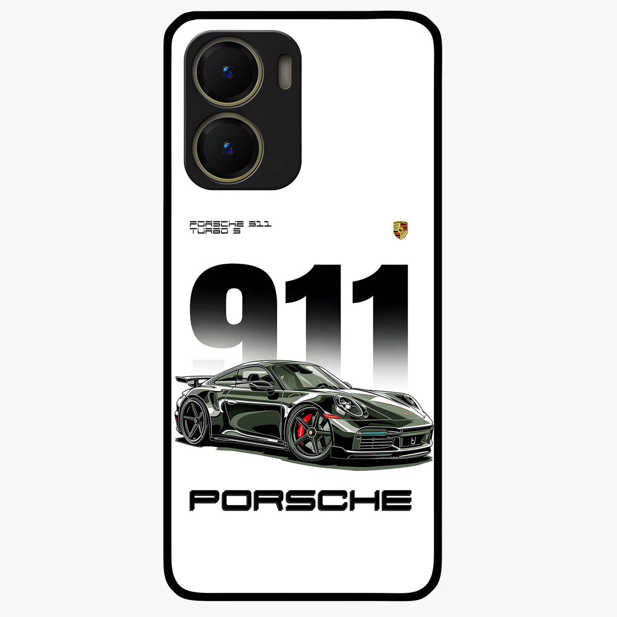 911 Turbo Dominance Glass Case showing clean flat back view with bold 911 sports car artwork and glossy glass finish.