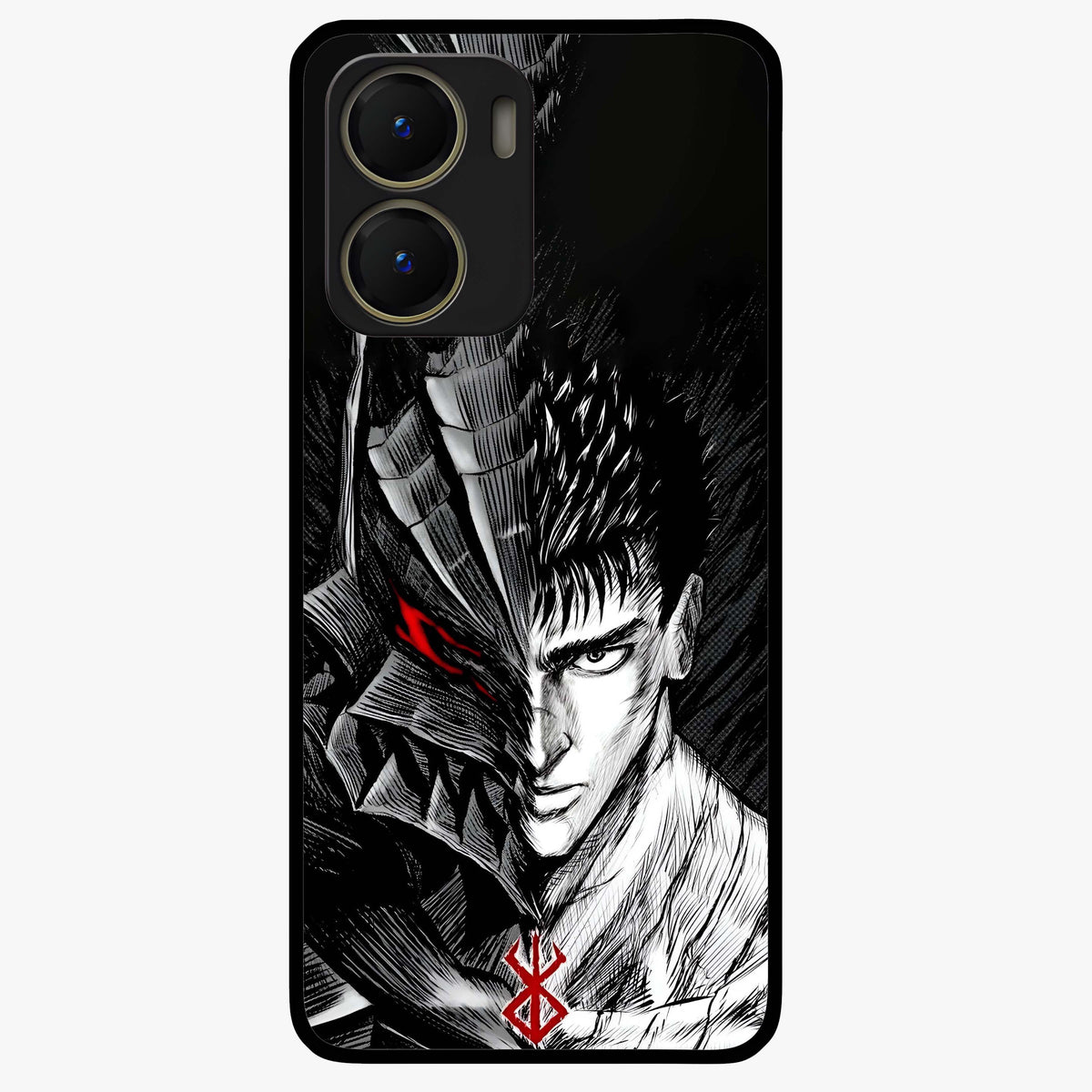 Berserker Blood Oath Glass Case showing flat back view with fierce warrior inspired artwork and glossy glass finish.