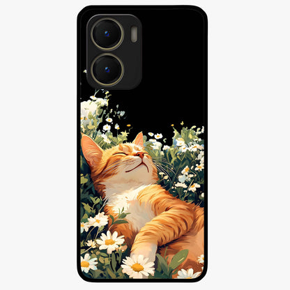 Blissful Bloom Cat Glass Case showing flat back view with cute cat and floral bloom artwork and glossy glass finish.