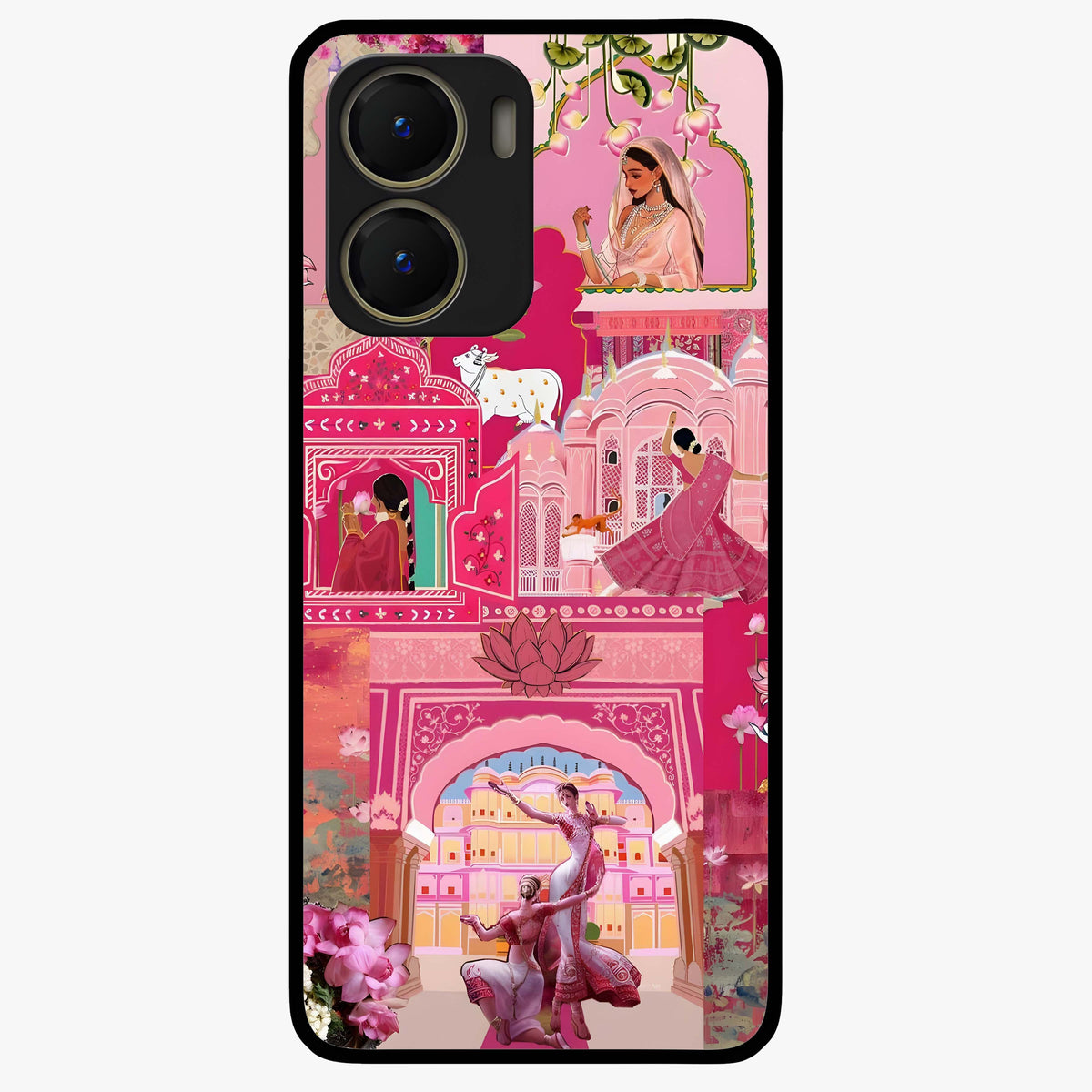 Blossoms of Rajasthan Glass Case showing flat back view with traditional floral artwork inspired by Rajasthan and glossy glass finish.