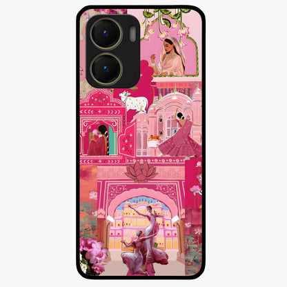 Blossoms of Rajasthan Glass Case showing flat back view with traditional floral artwork inspired by Rajasthan and glossy glass finish.