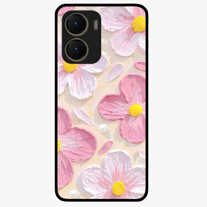 Blush Bloom Texture Glass Case showing flat back view with soft blush floral texture artwork and glossy glass finish.