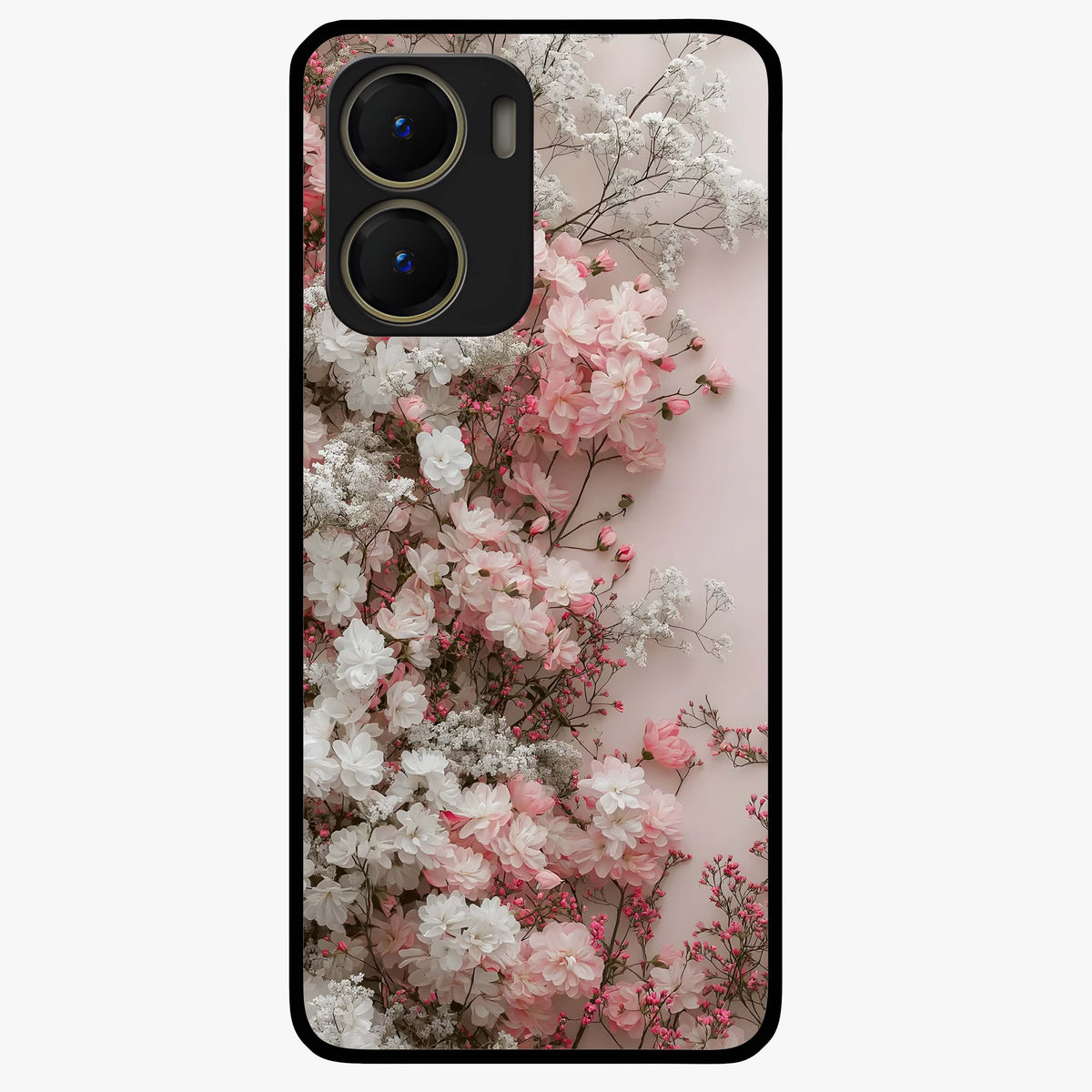 Blush Blossom Cloud Glass Case showing flat back view with dreamy blush cloud blossom artwork and glossy glass finish.