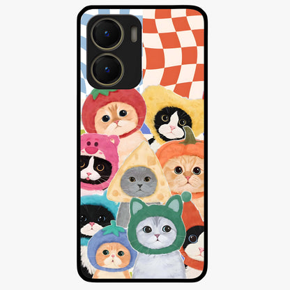 Cats in Fruits Glass Case showing flat back view with playful cat illustrations inside fruit artwork and glossy glass finish.