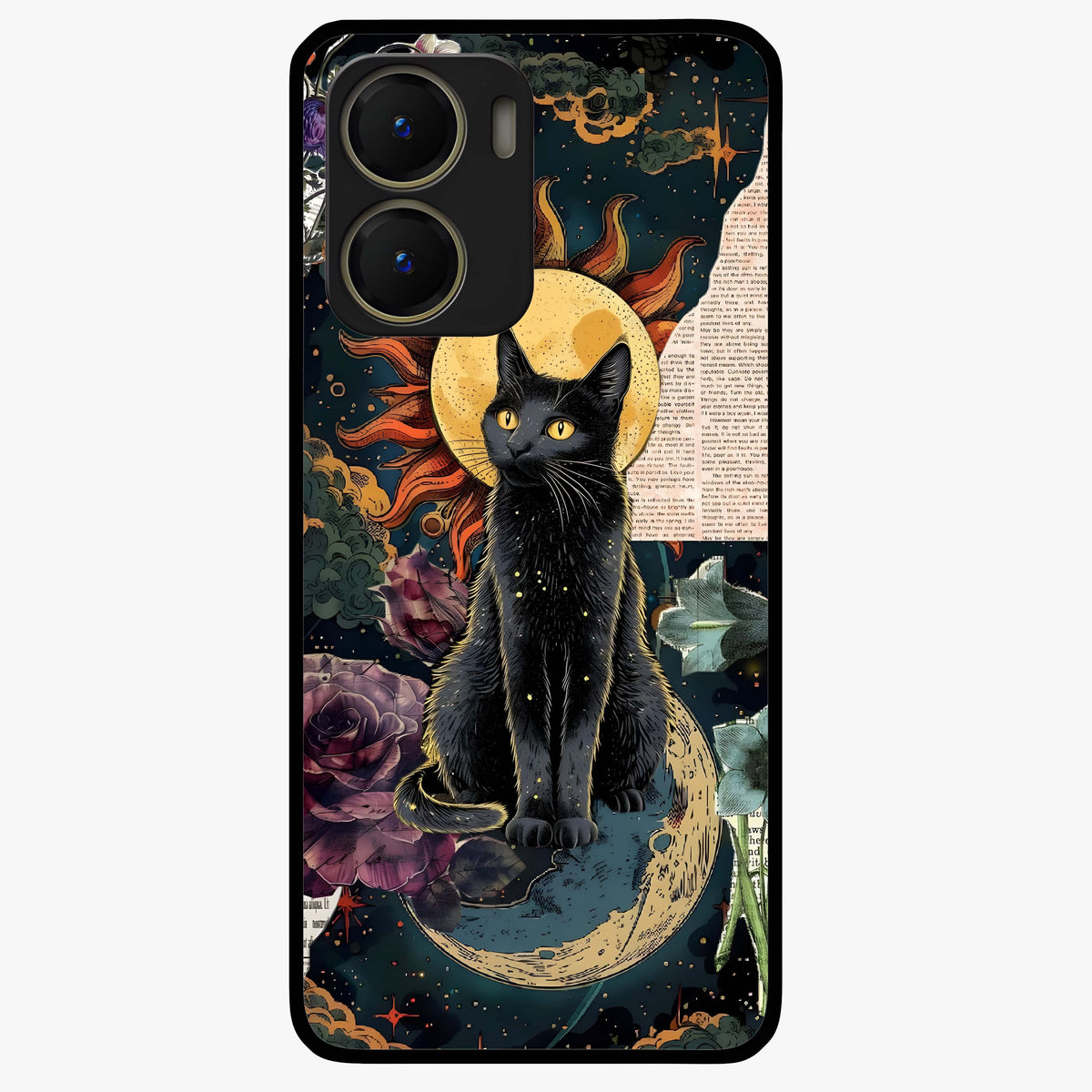Celestial Black Cat Glass Case showing flat back view with mystical black cat artwork and glossy glass finish.