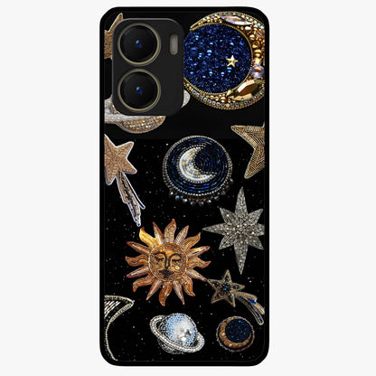 Celestial Gem Constellations Glass Case showing flat back view with sparkling constellation artwork and glossy glass finish.