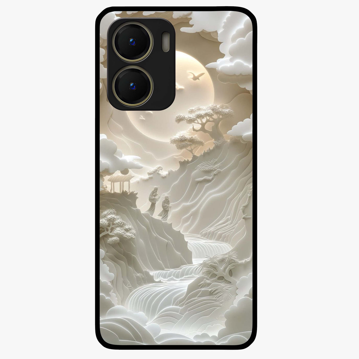 Celestial Origami Glass Case showing flat back view with artistic origami inspired celestial artwork and glossy glass finish.