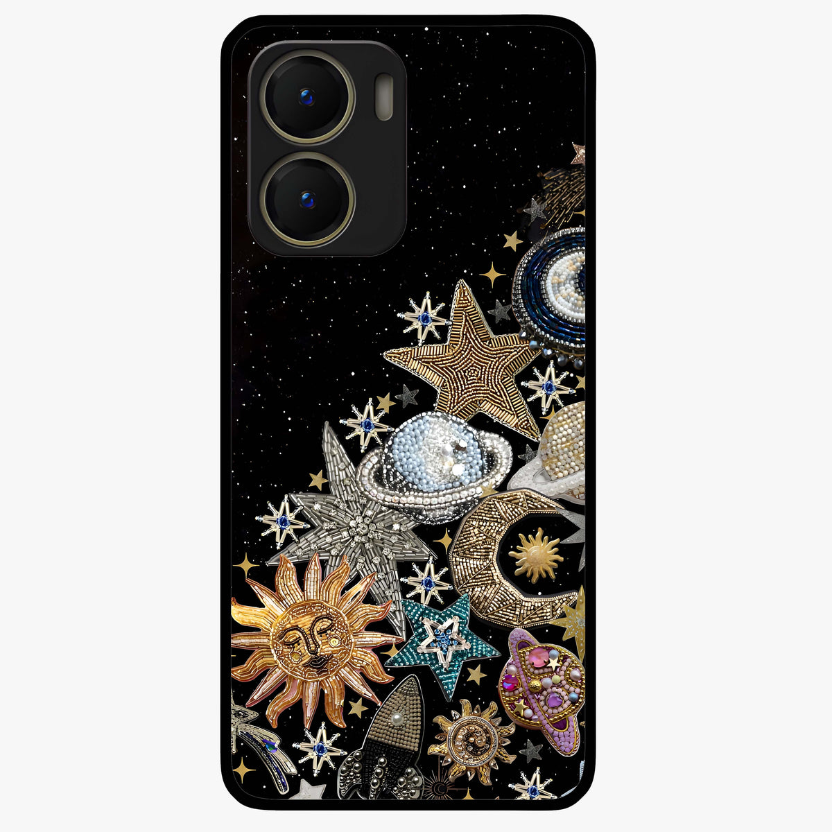 Cosmic Sparkle Dreams Glass Case showing flat back view with sparkling cosmic artwork and glossy glass finish.