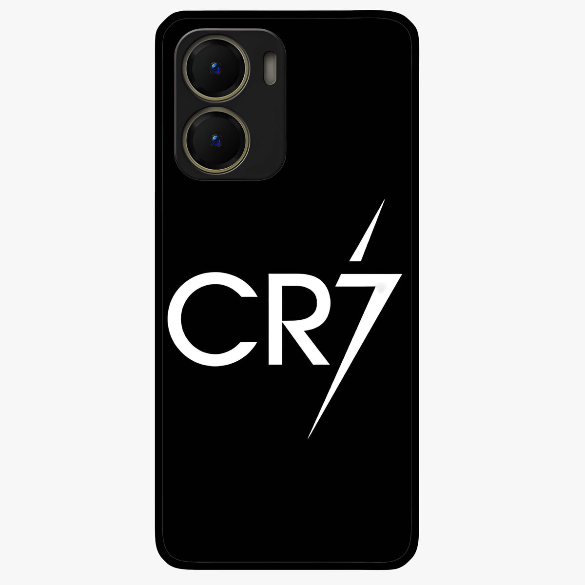 Cr7 Elite Strike Glass Case showing flat back view with dynamic football inspired artwork and glossy glass finish.
