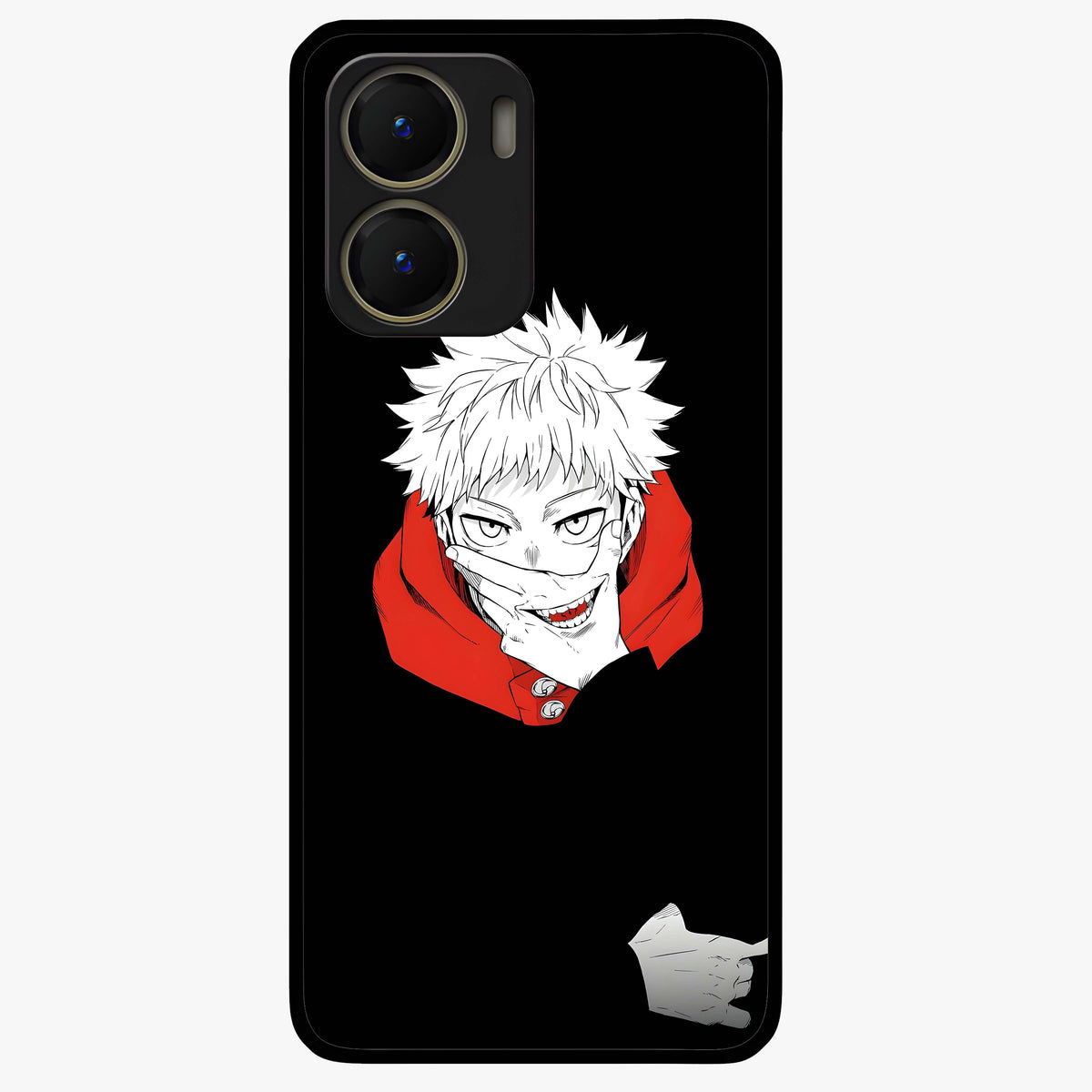 Crimson Chaos Smile Glass Case showing flat back view with bold chaotic smile artwork and glossy glass finish.