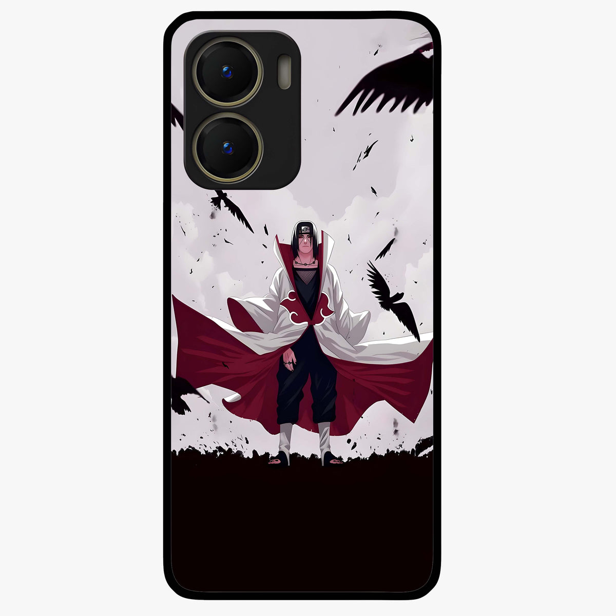 Crimson Crow Ascension Glass Case showing flat back view with mystical crow artwork and glossy glass finish.