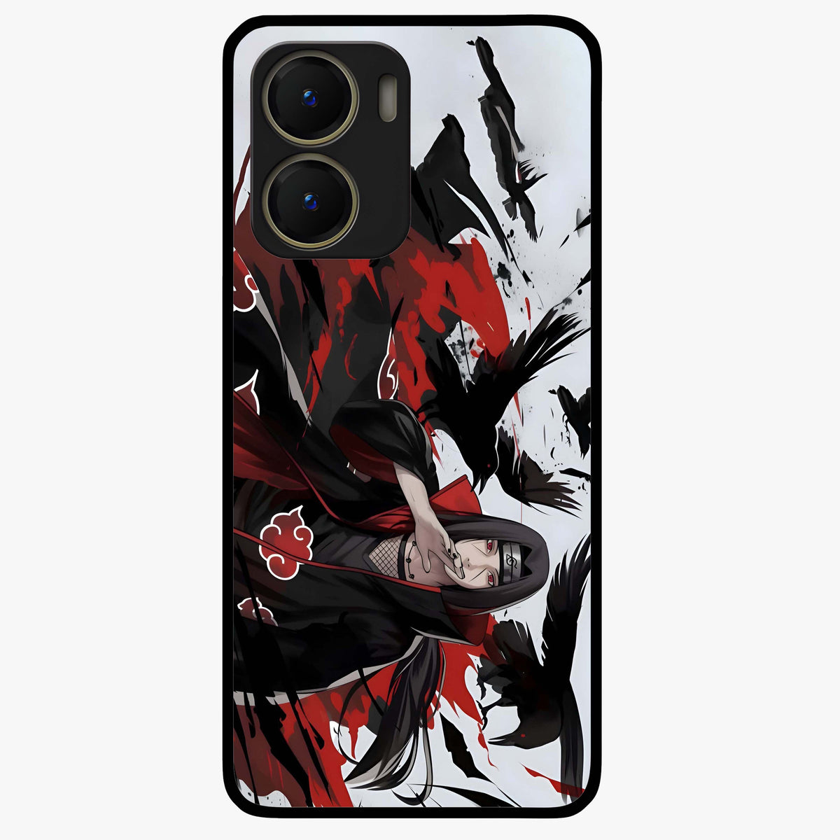 Crimson Crow Illusion Glass Case showing flat back view with artistic crow illusion artwork and glossy glass finish.