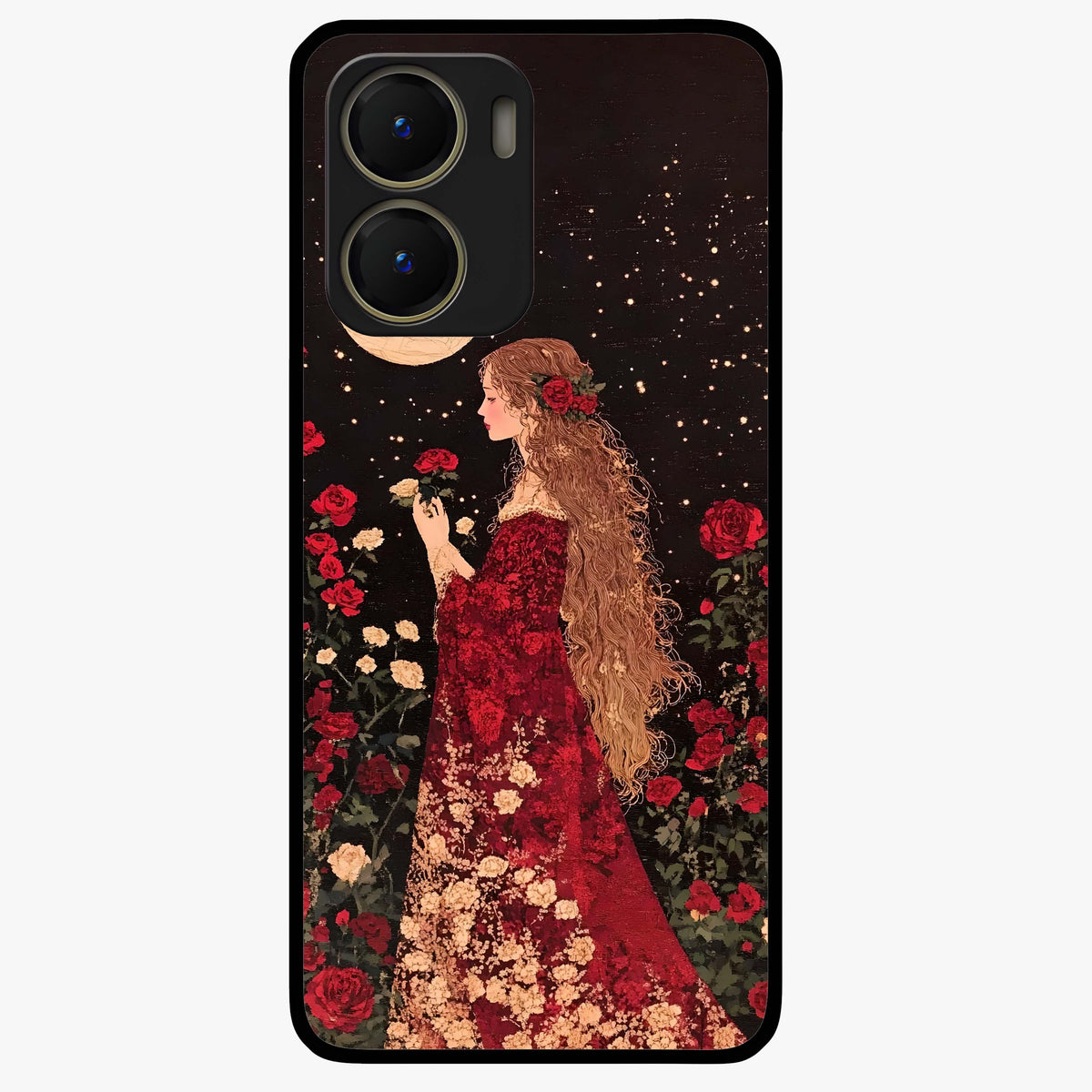 Crimson Dreams Glass Case showing flat back view with dreamy crimson artwork and glossy glass finish.