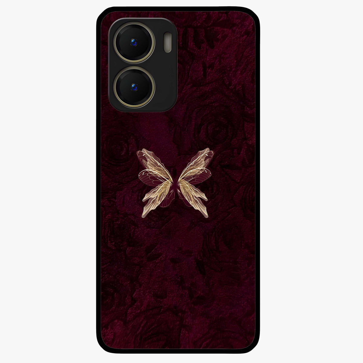 Crimson Fade Butterfly Glass Case showing flat back view with fading butterfly artwork and glossy glass finish.