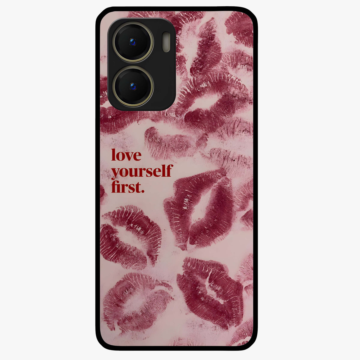Crimson Kiss Love Glass Case showing flat back view with romantic crimson themed artwork and glossy glass finish.