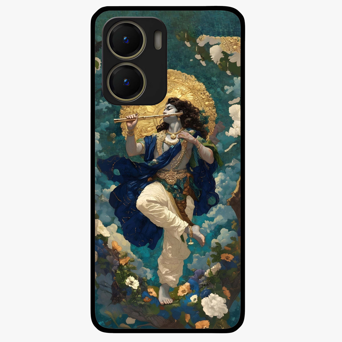 Divine Krishna Art Glass Case showing flat back view with Lord Krishna artwork and glossy glass finish.