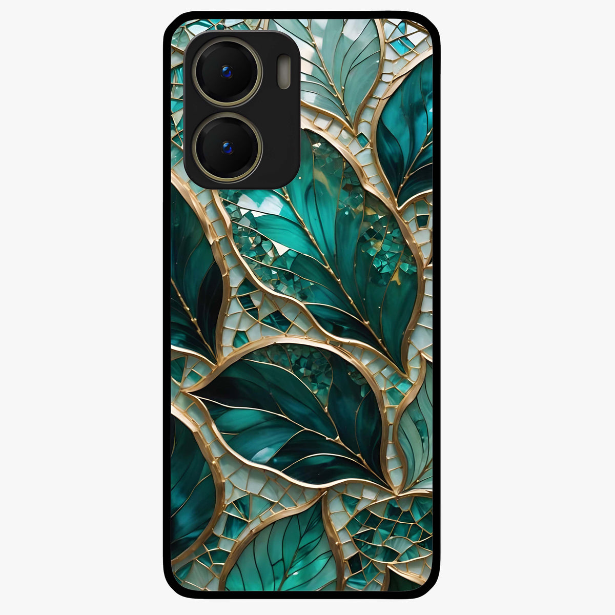 Emerald Leaf Glass Glass Case showing flat back view with emerald green leaf artwork and glossy glass finish.
