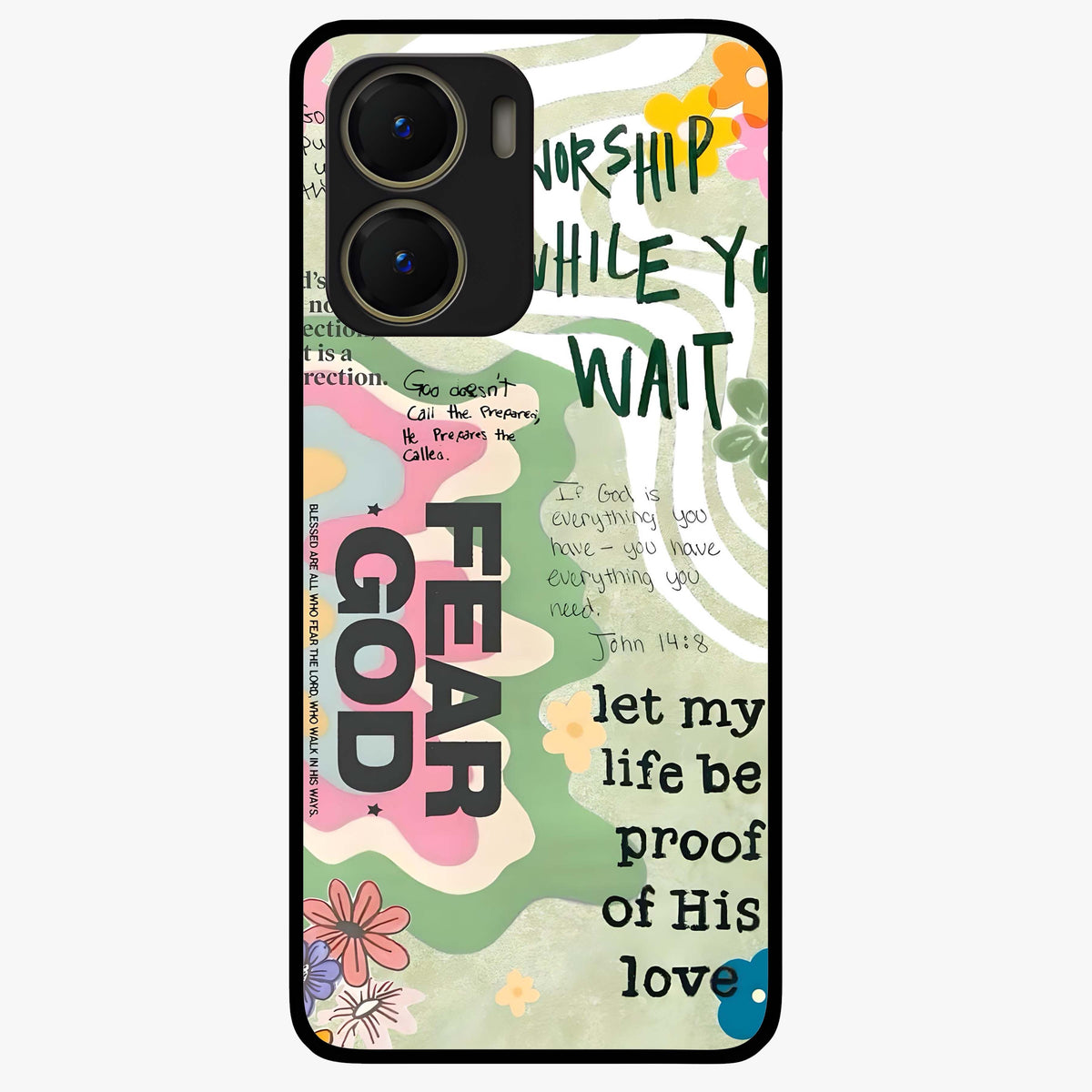 Faith Over Fear Glass Case showing flat back view with motivational typography artwork and glossy glass finish.