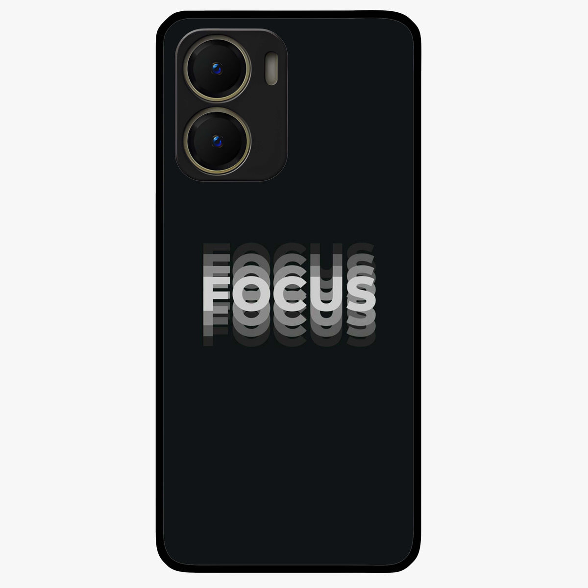 Focus Mode On Glass Case showing flat back view with bold motivational typography design and glossy glass finish.