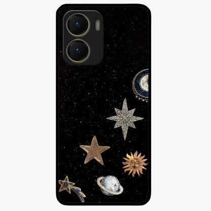 Galactic Charm Glow Glass Case showing flat back view with glowing celestial charm artwork and glossy glass finish.