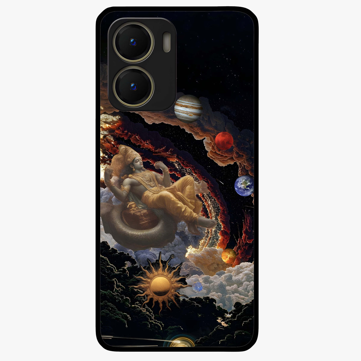 Galactic Divine God Glass Case showing flat back view with divine cosmic themed artwork and glossy glass finish.