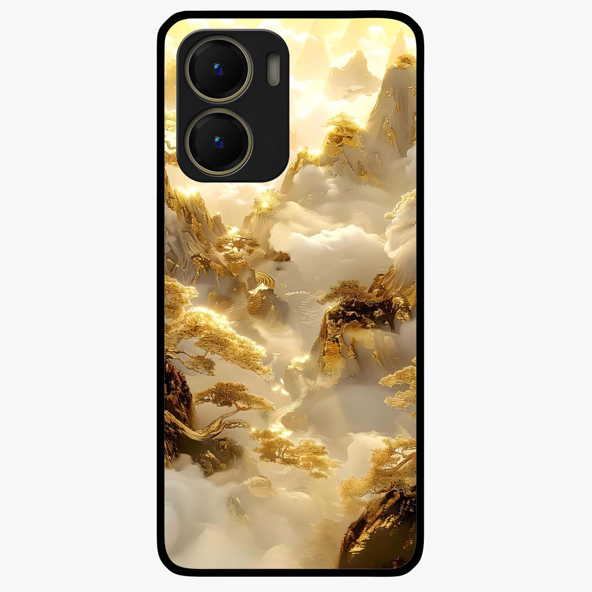 Gates Of Illumination Glass Case showing flat back view with mystical illuminated gate artwork and glossy glass finish.