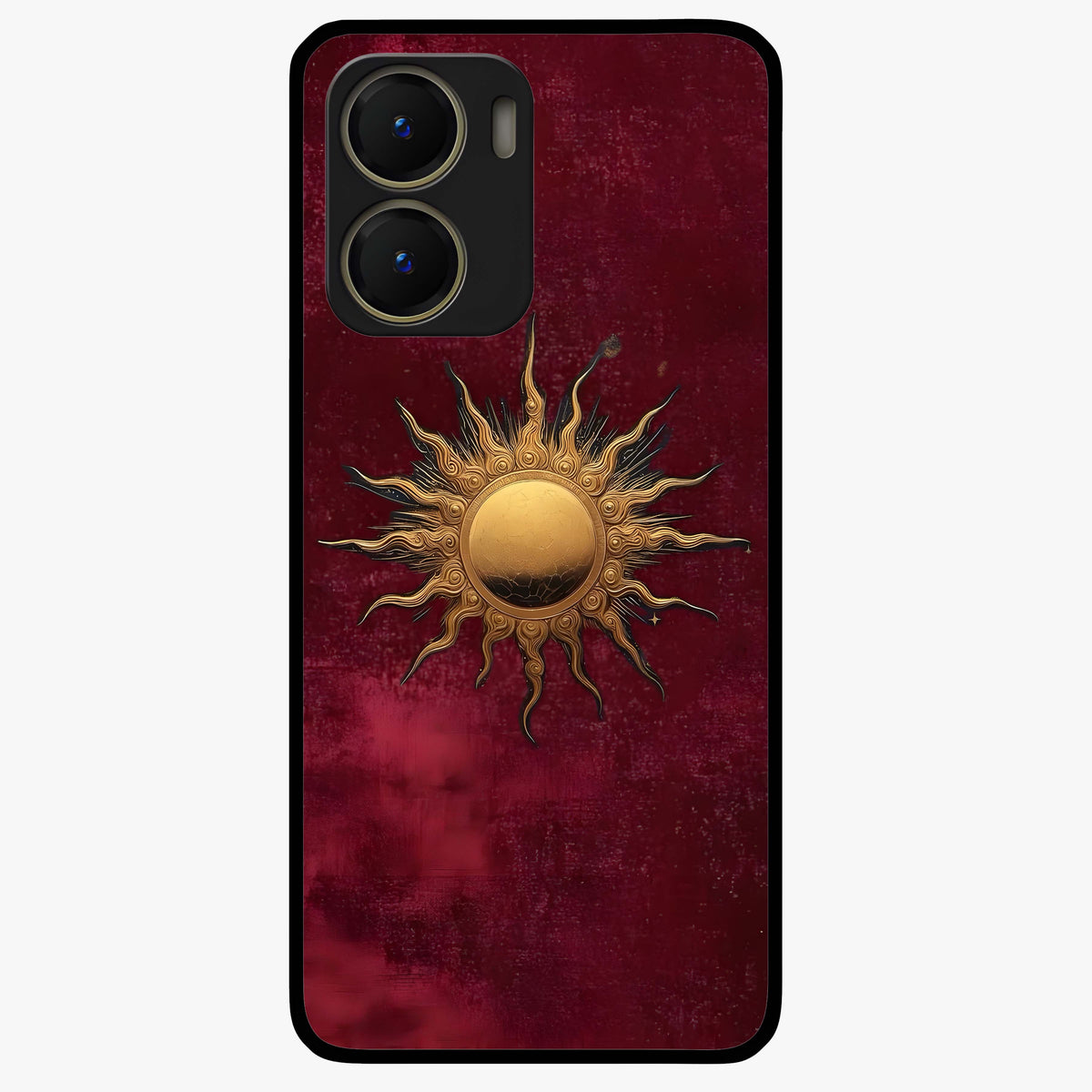 Gold Sun Blush Glass Case showing flat back view with golden sun inspired artwork and glossy glass finish.