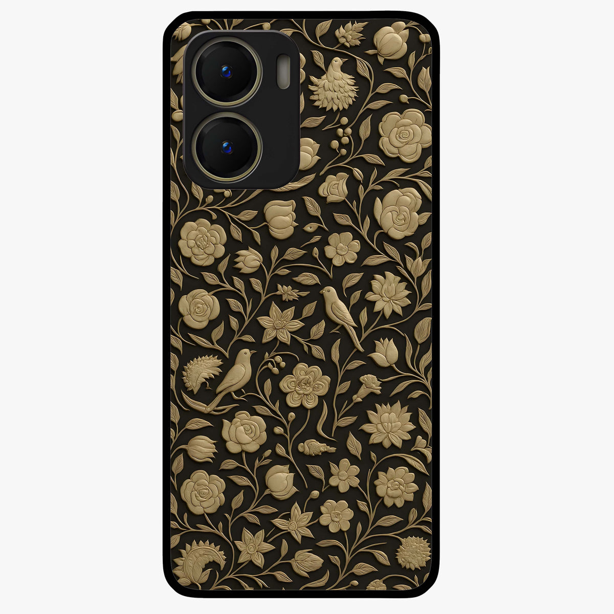 Golden Floral Majesty Glass Case showing flat back view with luxurious golden floral artwork and glossy glass finish.