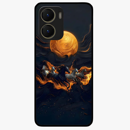 Golden Stallion Moonride Glass Case showing flat back view with majestic horse under moonlight artwork and glossy glass finish.
