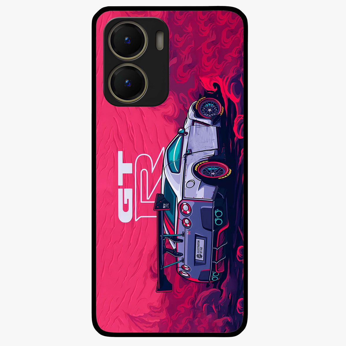 GT-R Car Pattern Glass Case showing flat back view with sporty car inspired pattern artwork and glossy glass finish.