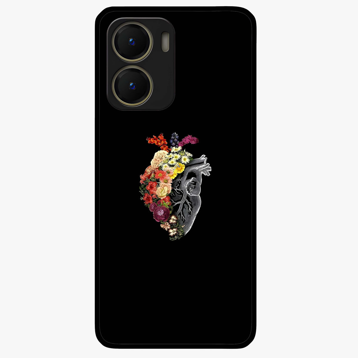Heart With Flowers Glass Case showing flat back view with heart shaped floral artwork and glossy glass finish.