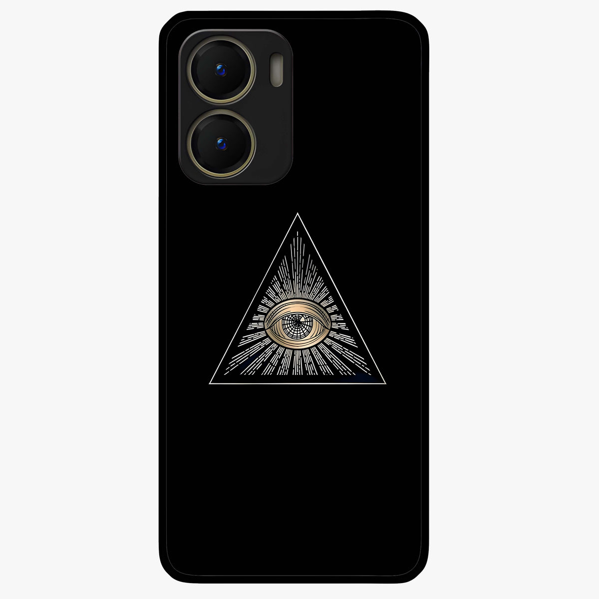 Illuminati Evil Glass Case showing flat back view with mysterious illuminati symbol artwork and glossy glass finish.