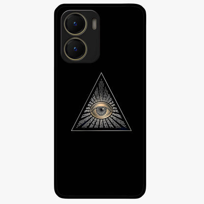 Illuminati Evil Glass Case showing flat back view with mysterious illuminati symbol artwork and glossy glass finish.