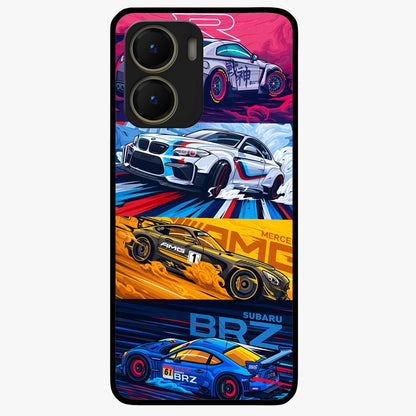 JDM Sports Car Glass Case showing flat back view with high performance sports car artwork and glossy glass finish.