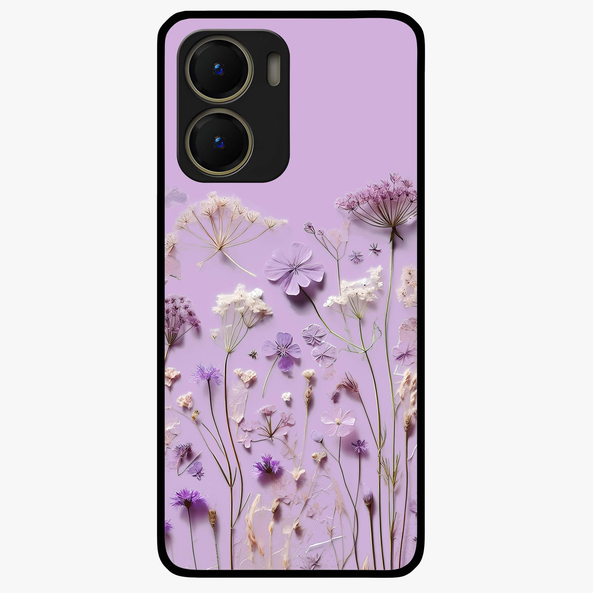 Lavender Blossom Dream Glass Case showing flat back view with soft lavender floral artwork and glossy glass finish.