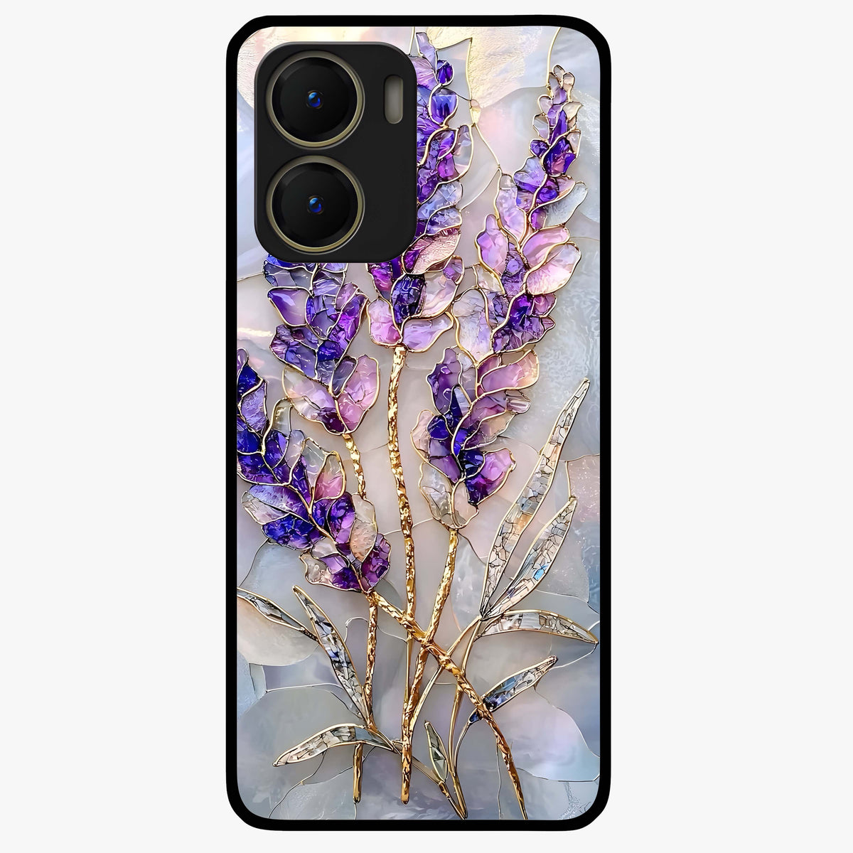 Lavender Dream Glow Glass Case showing flat back view with glowing lavender aesthetic artwork and glossy glass finish.