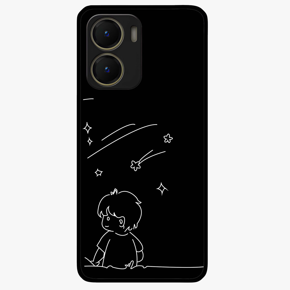 Line Art Boy With Shooting Stars Glass Case showing flat back view with minimal line art boy and shooting stars illustration and glossy glass finish.