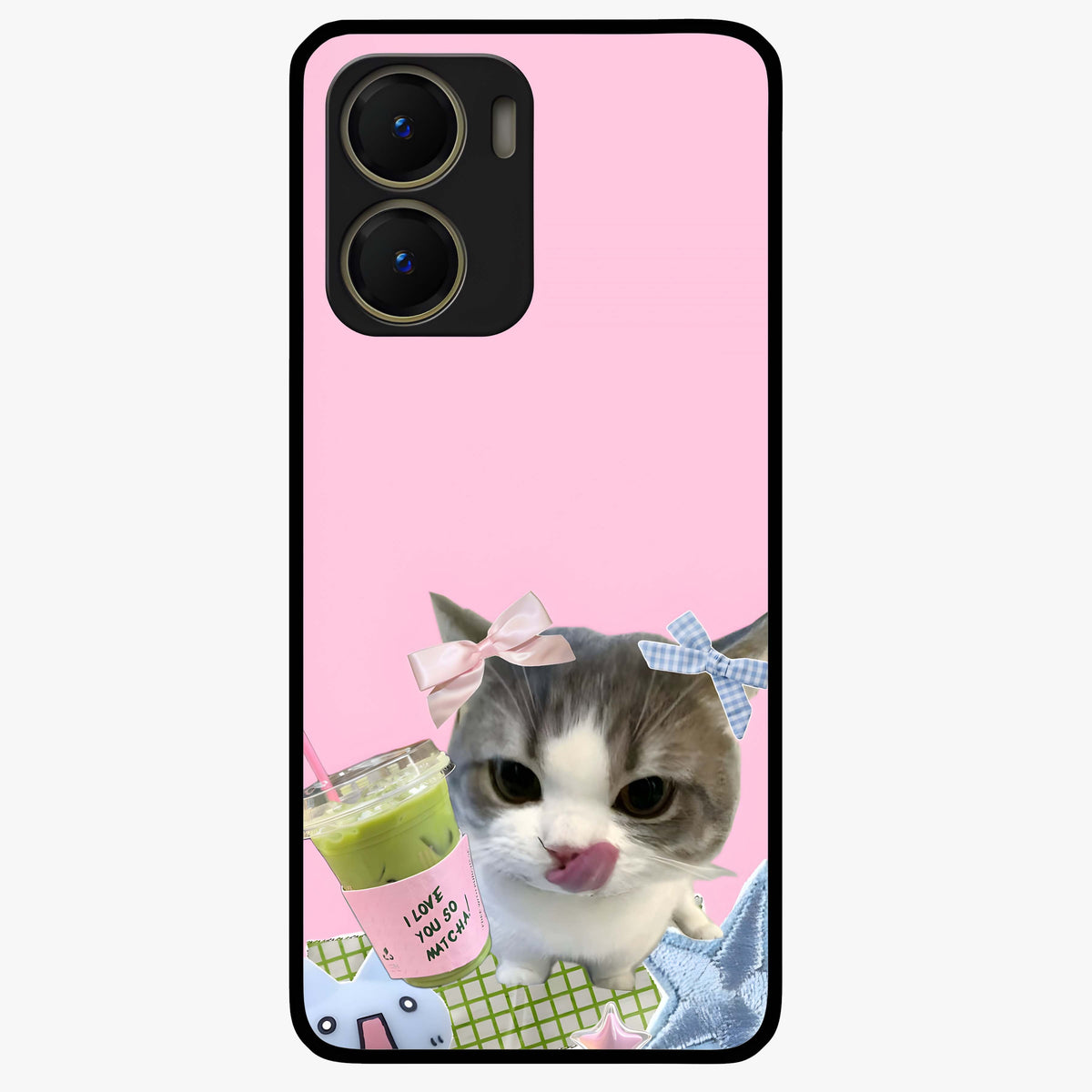Love Matcha Cat Glass Case showing flat back view with cute cat and matcha themed artwork and glossy glass finish.