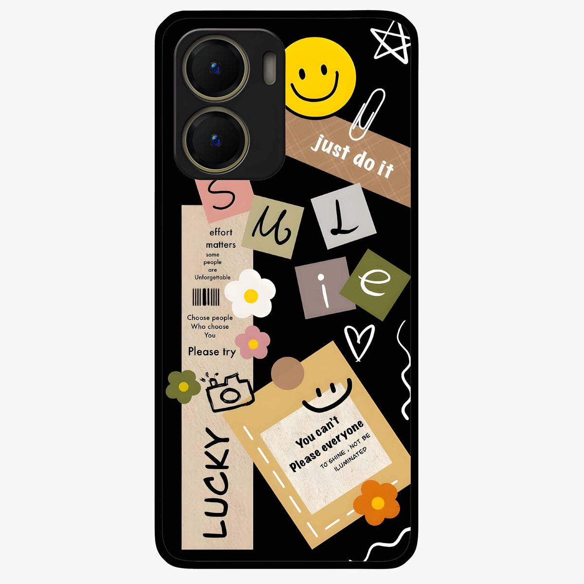 Lucky Aesthetic Collage Glass Case showing flat back view with trendy aesthetic collage artwork and glossy glass finish.