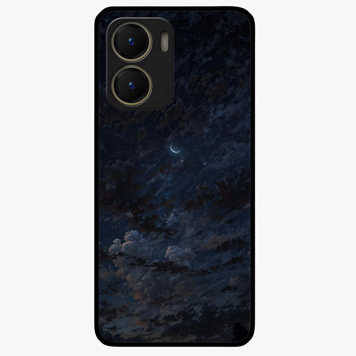 Lunar Veil Silence Glass Case showing flat back view with mystical moon veil artwork and glossy glass finish.