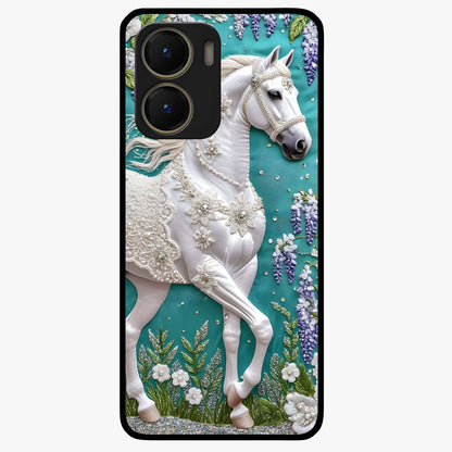 Majestic Floral Stallion Glass Case showing flat back view with powerful horse and floral artwork and glossy glass finish.