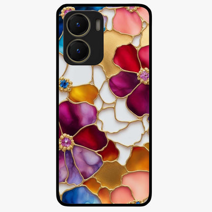 Marble Flower Pattern Glass Case showing flat back view with marble texture floral artwork and glossy glass finish.